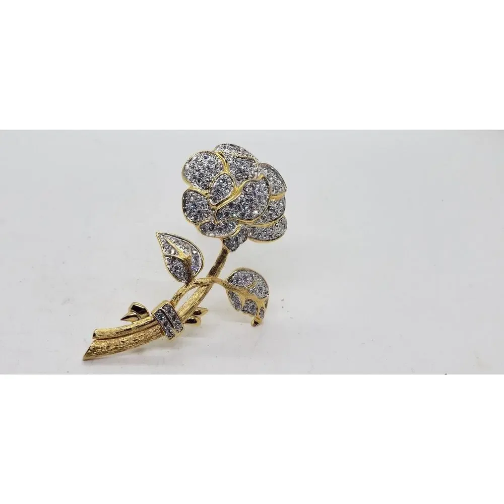 VINTAGE Nolan Miller Glamour Collection Roses Flower Brooch Rhinestone Pave Big